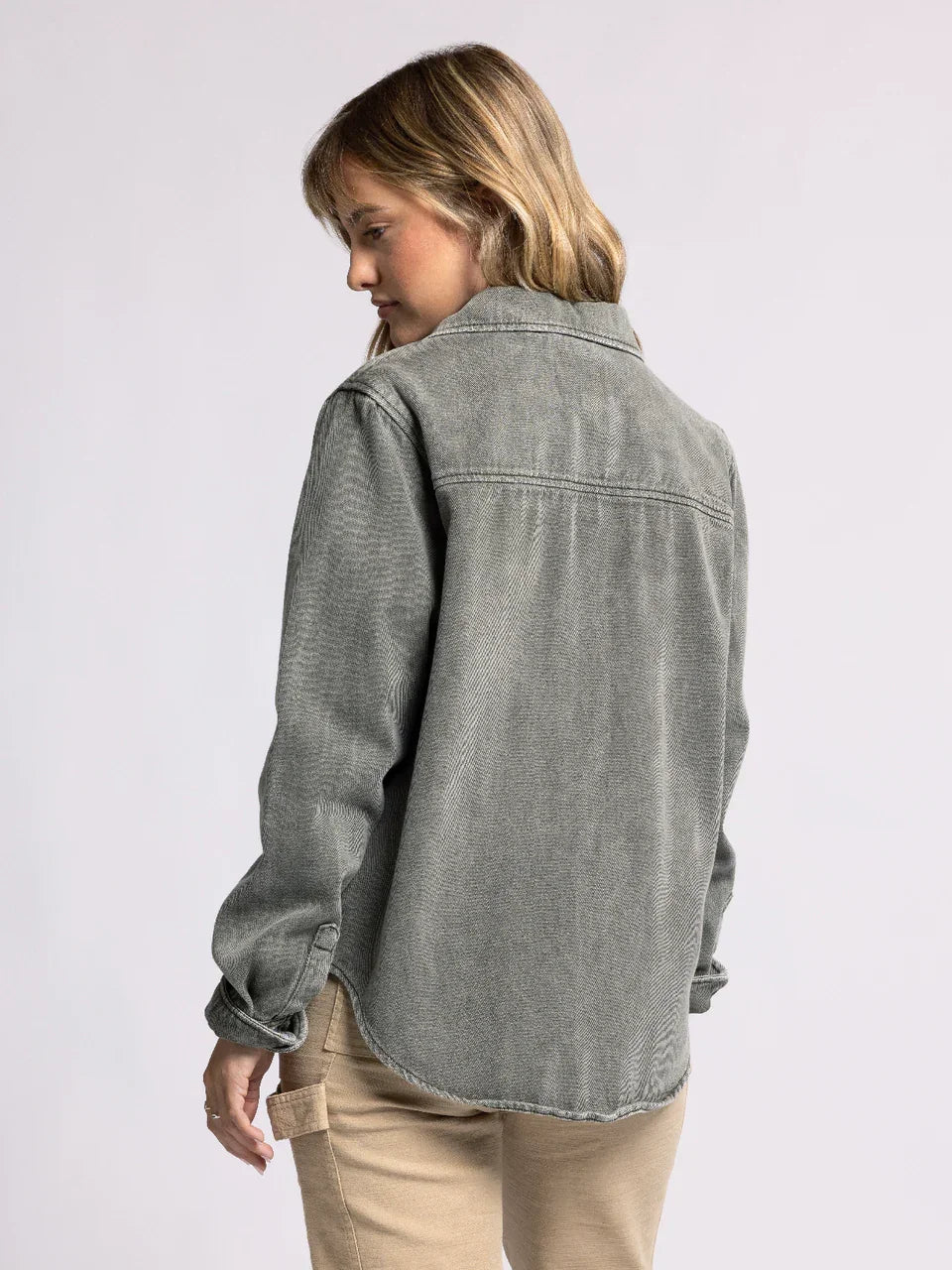 Grey Thread and Supply Pippin Jacket with frayed edges and buttons