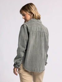 Grey Thread and Supply Pippin Jacket with frayed edges and buttons