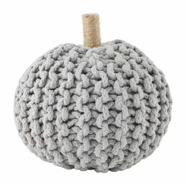Grey knitted fabric pumpkin decoration with jute stem, ideal for fall decor