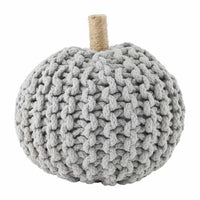 Grey knitted fabric pumpkin decoration with jute stem, ideal for fall decor