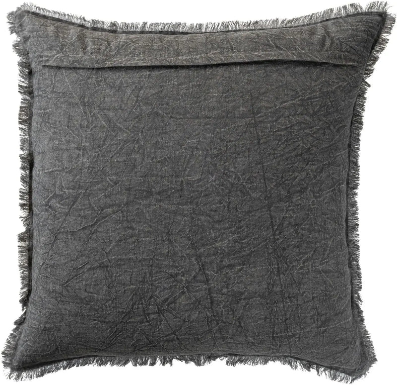 Grey stonewashed linen throw pillow with frayed edges, featuring polyester filler