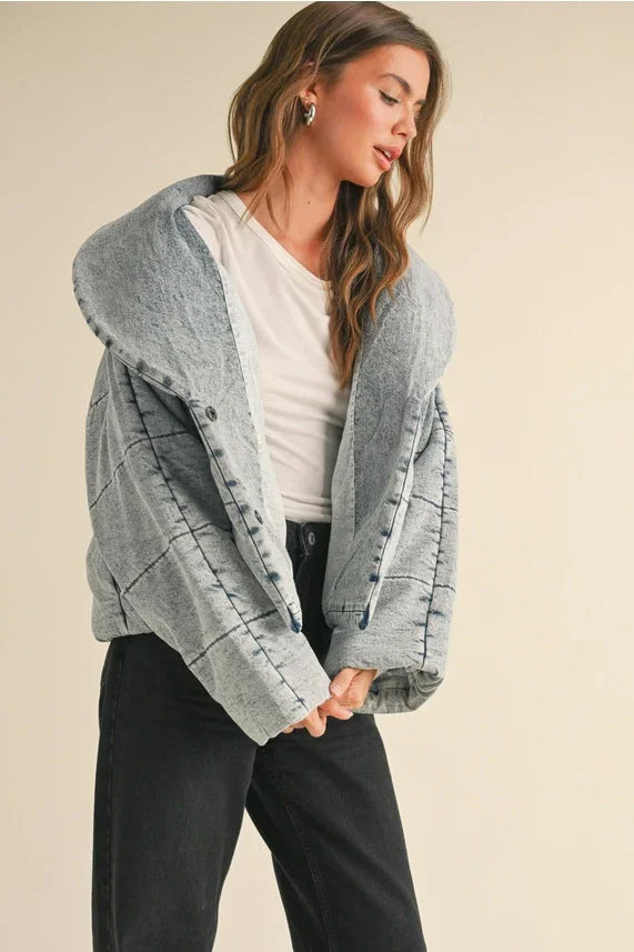 Quilted tie close denim jacket with grey checkered hooded design