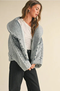 Quilted tie close denim jacket with grey checkered hooded design