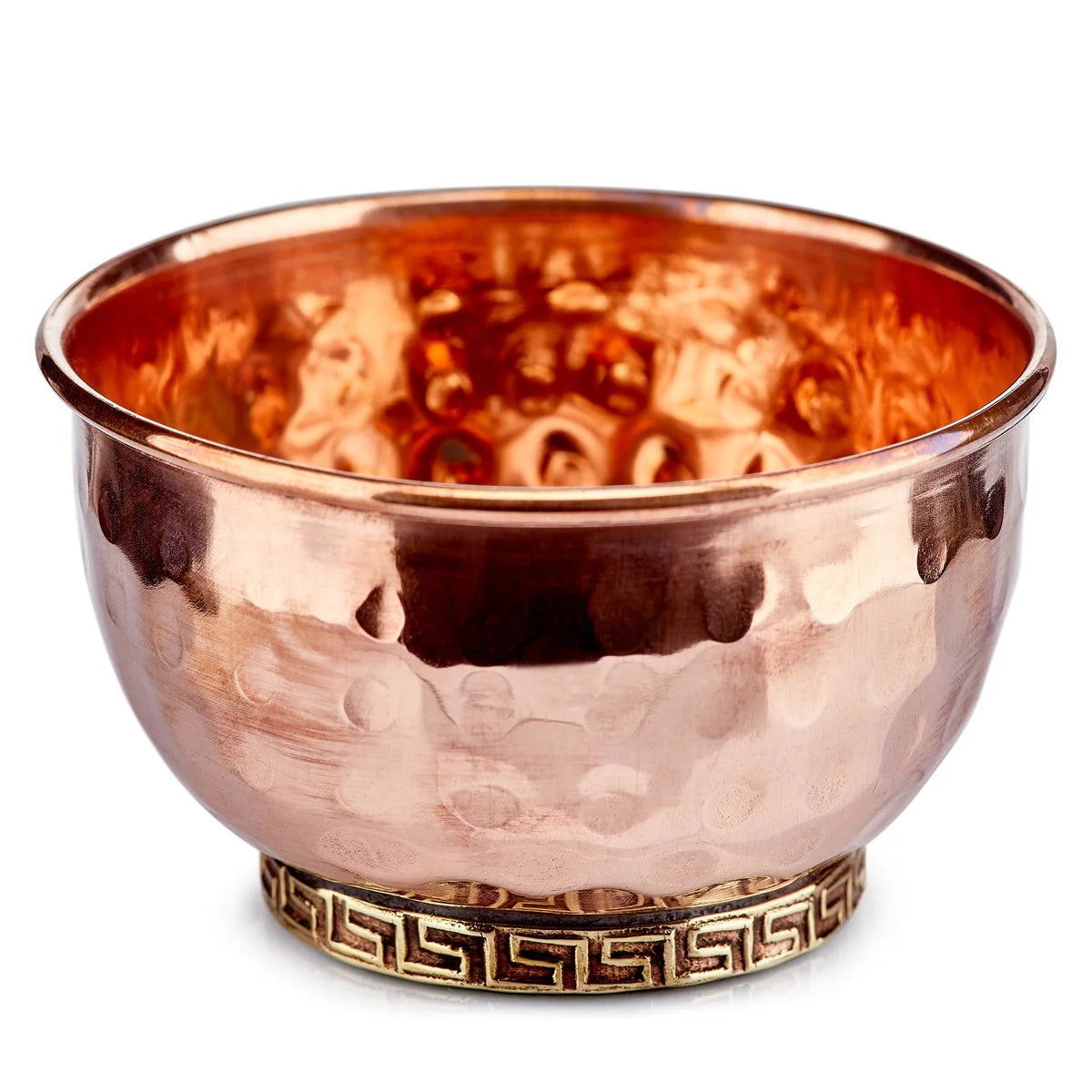 Hammered copper bowl with gold Greek key base for women’s boho chic clothing at Shop Daisy