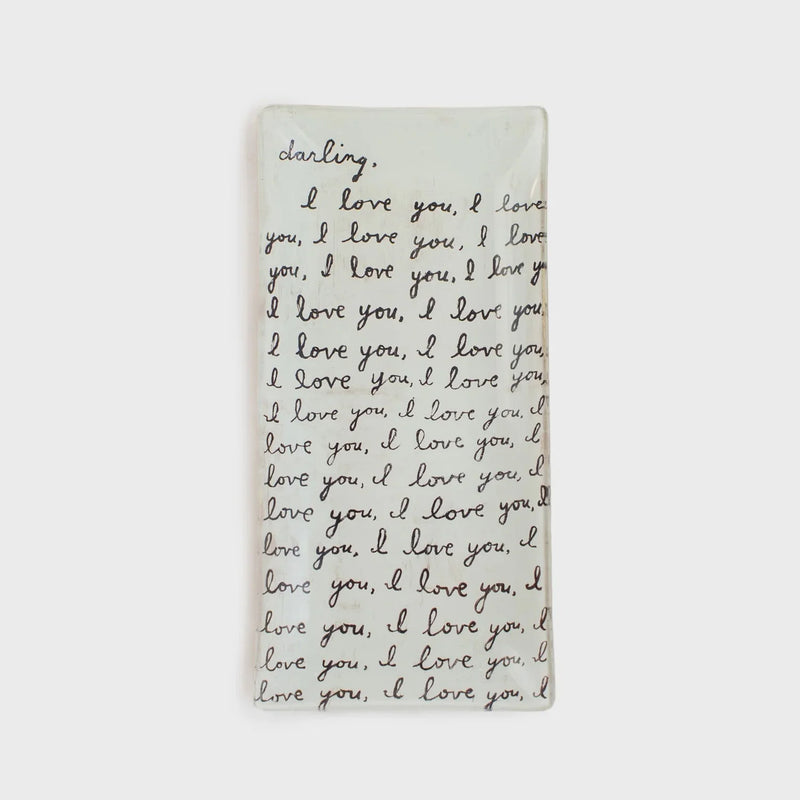 Handwritten note of I love you phrases on LETTER FOR YOU small rectangle decoupage plate