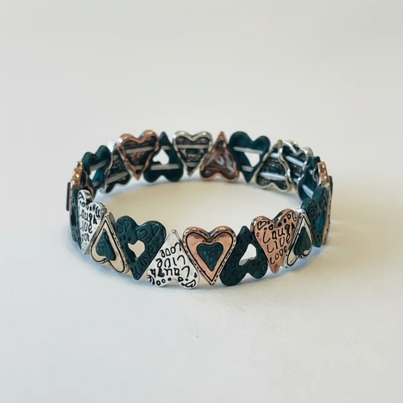 Bohemian live love laugh bracelet in heart shape with teal silver tones