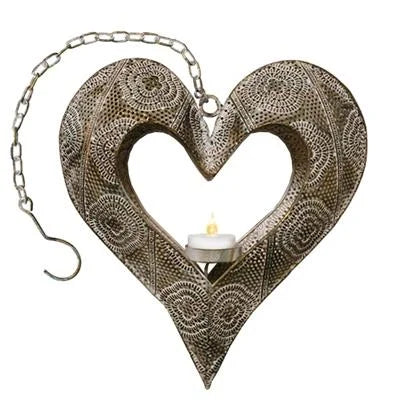 Heart shaped candle holder with chain, featured as a Metal Heart Lantern