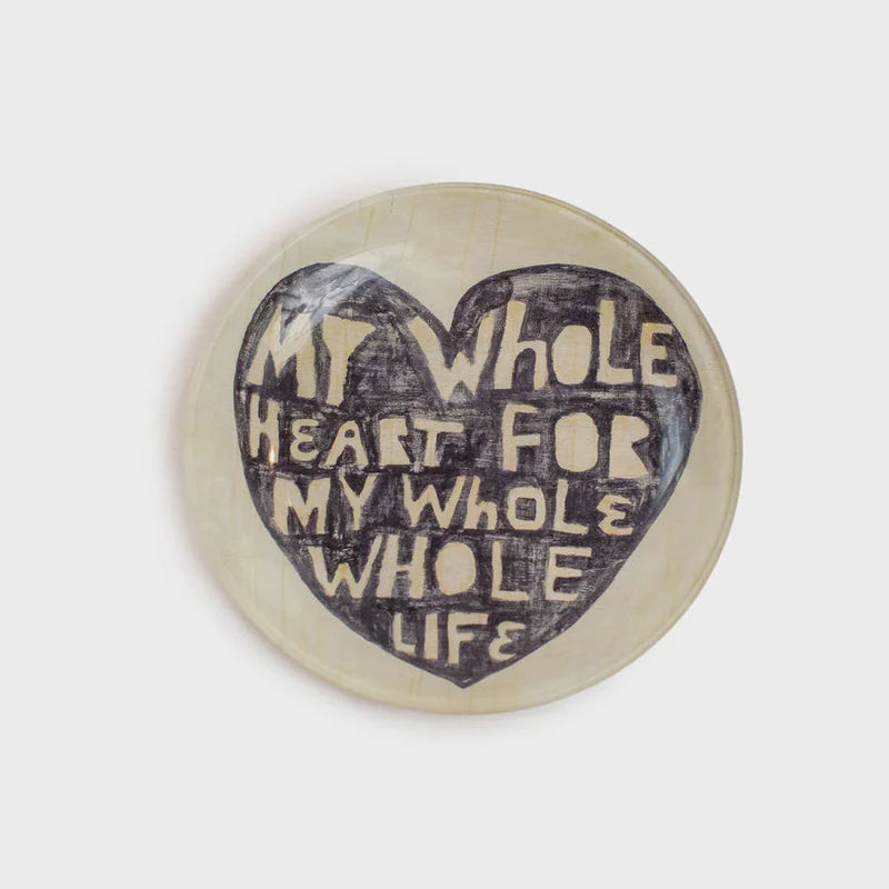 Heart-shaped ceramic round decoupage plate with handwritten text design