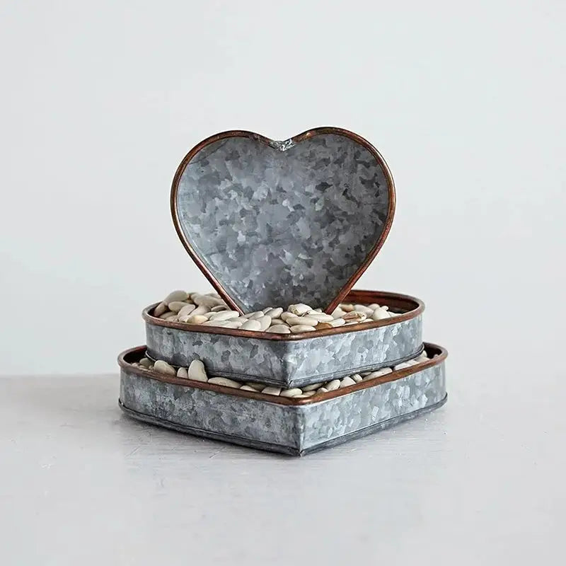 Heart shaped galvanized metal container filled with decorative stones for heart shaped galvanized metal trays