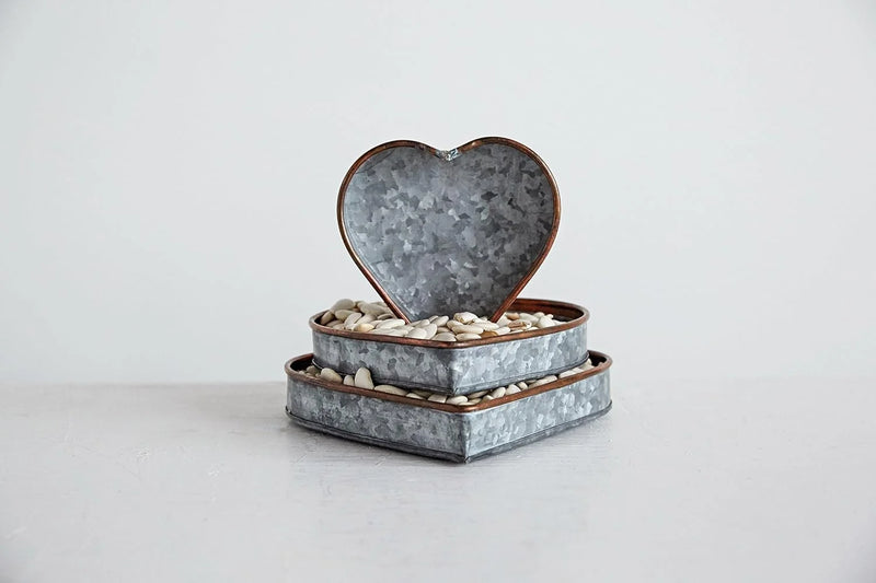 Heart shaped galvanized metal box with rustic edges in heart shaped galvanized metal trays