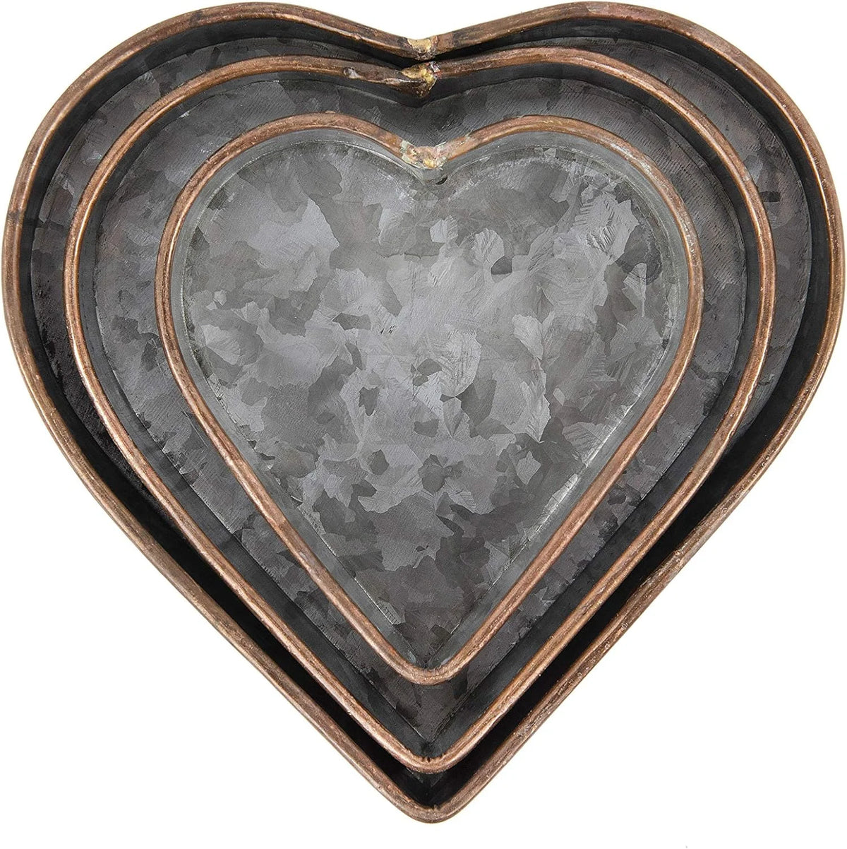 Heart shaped galvanized metal tray with copper trim for home decor and organization