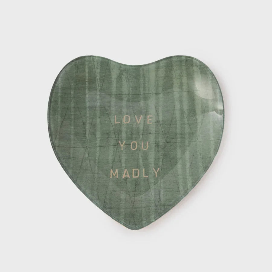 Heart-shaped green stone with LOVE YOU MADLY on small heart decoupage plate