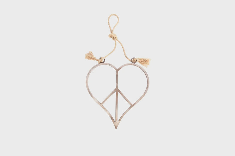 Heart Peace Sign pendant with tassels on a string from SMALL HANGING METAL & JUTE HEART PEACE