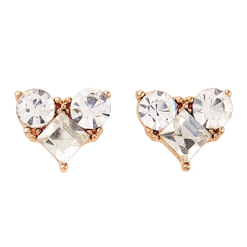 Heart-shaped stud earrings in rose gold with clear gemstones from Treasure Box Earrings