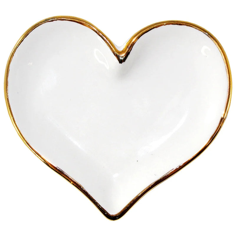 Heart-shaped white plate with gold rim; ideal for women’s boho chic clothing display