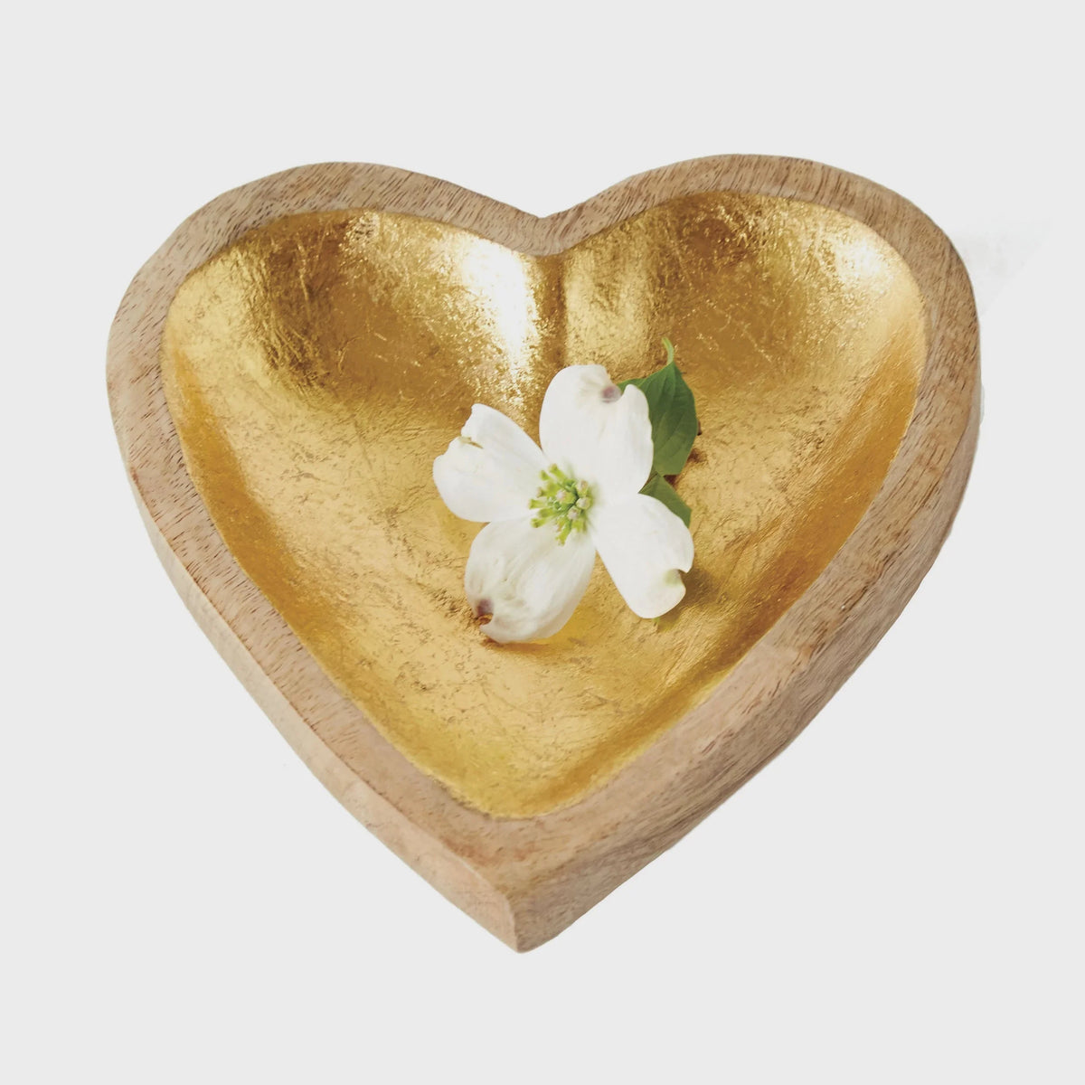 Heart-shaped decorative mango wood bowl with gold-leafed interior and white flower