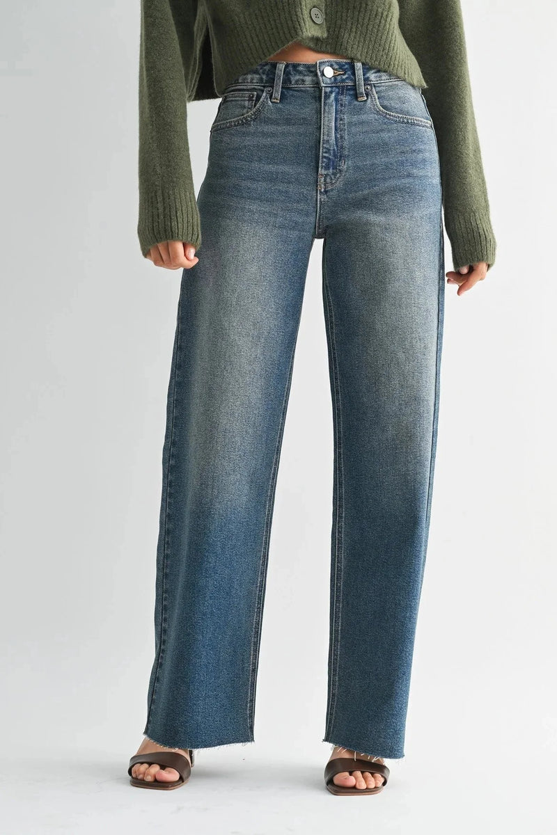 High-rise tall scissor cut wide leg blue denim jeans with button fly