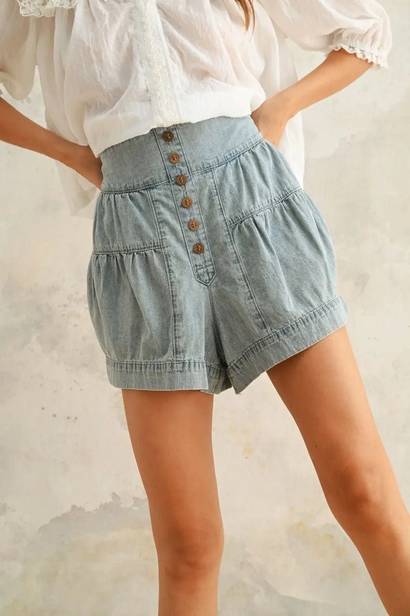 High-waisted button-front denim shorts from TIERED BUTTON collection for women’s boho chic clothing