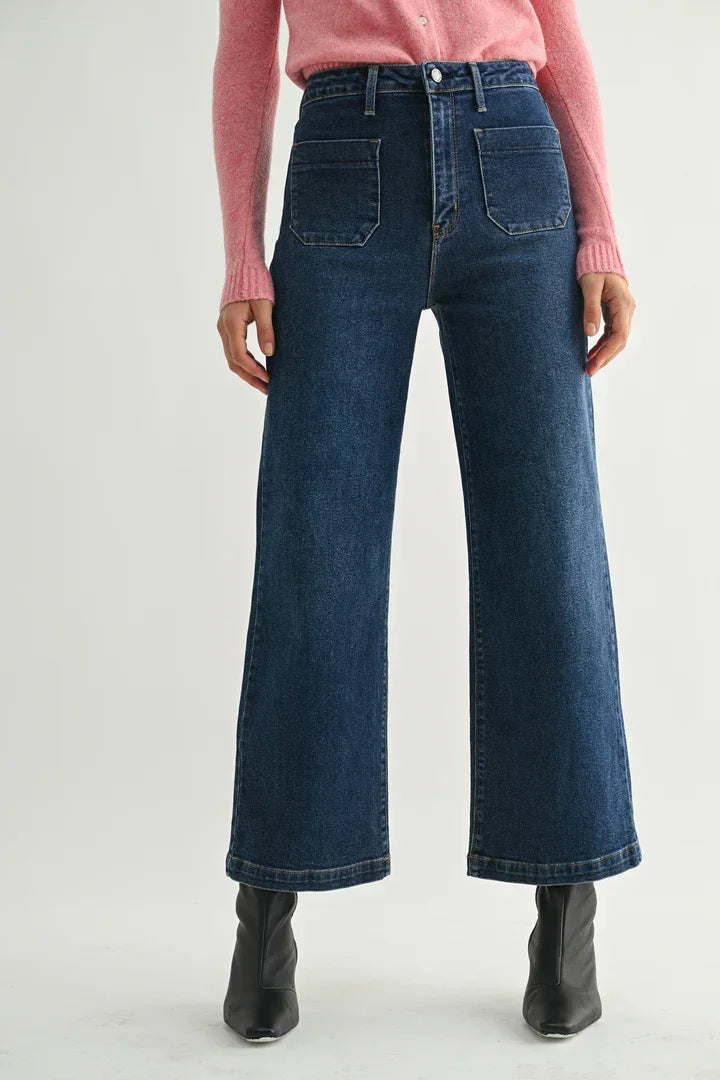 High-waisted wide leg denim jeans with patch pockets and button fly