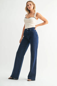 High rise wide leg palazzo jeans in dark wash denim for a sophisticated look