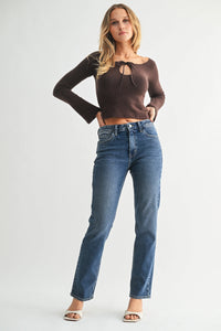 High rise straight pencil jeans in classic distressed denim