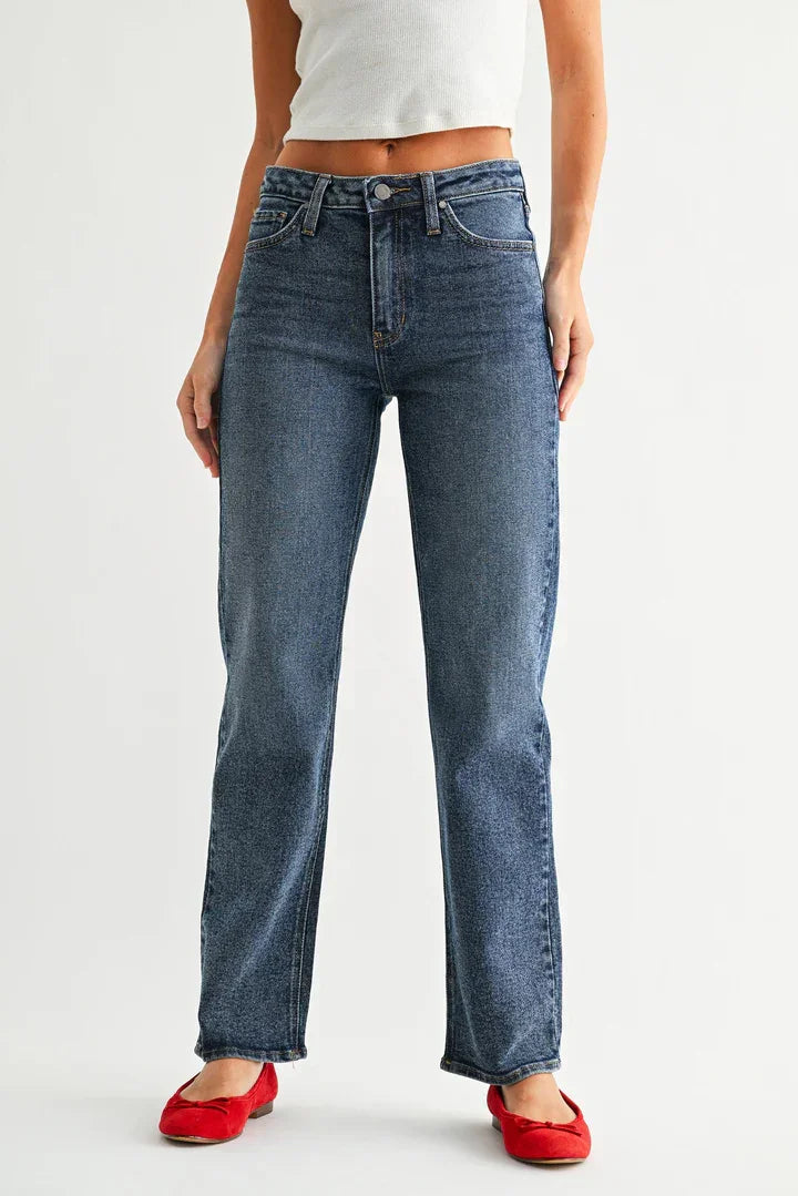 High-waisted full length straight denim jeans in medium wash blue