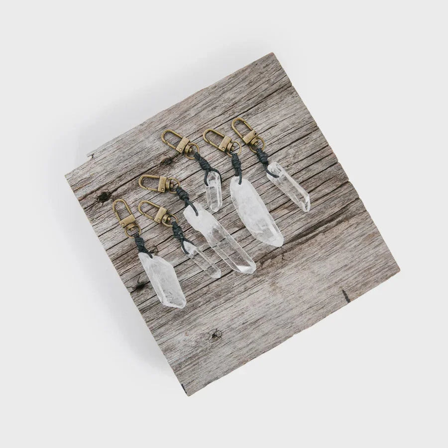 Key holder with weathered wood, multiple hooks, and Crystal Point Keychain tags