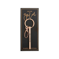 HELLO WEEKEND STAMPED BAR KEY CHAIN featuring a gold stamped bar key on a keychain