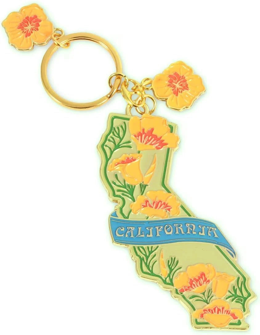 California Poppy Key Chain featuring a map of California and vibrant flowers