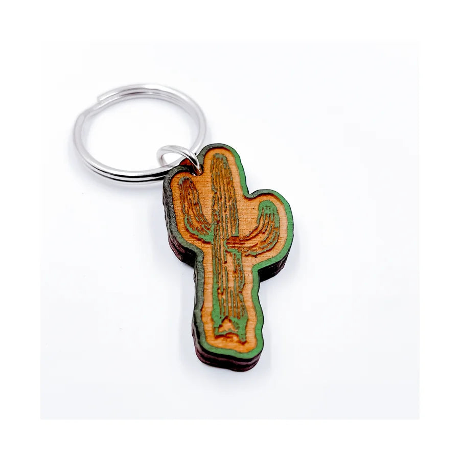 Cactus wooden key chain featuring a stylish cactus design on a keychain