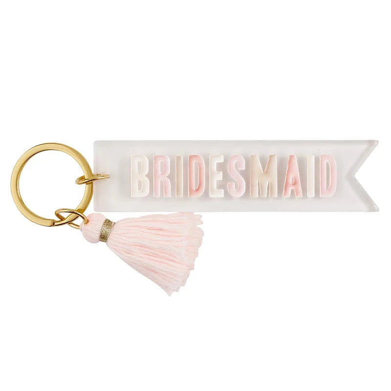 Boho Bridesmaid Acrylic Keychain with white ribbon banner and pink tassel