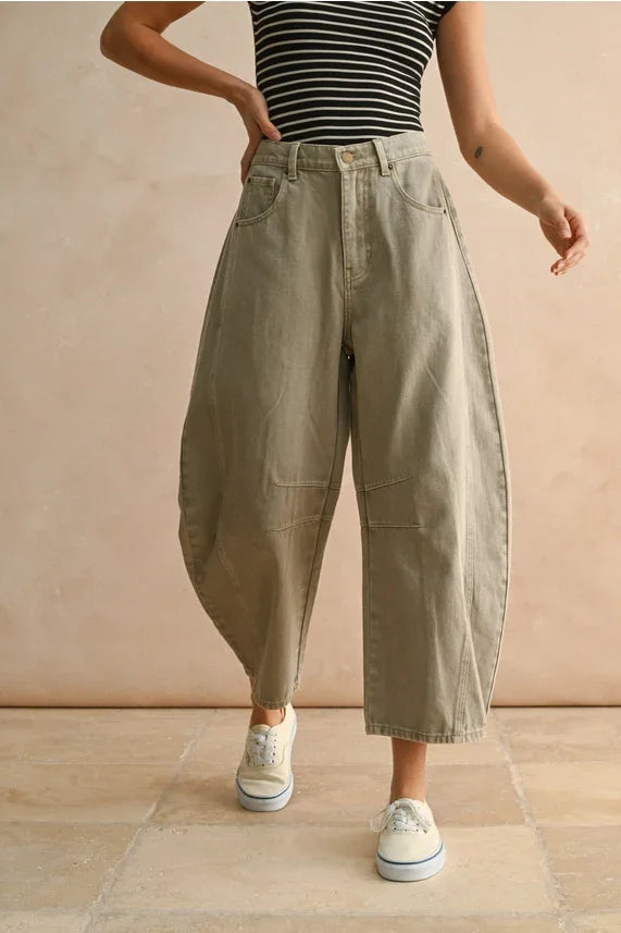 Khaki wide-leg cropped barrel cotton pants with patched knees for a stylish look