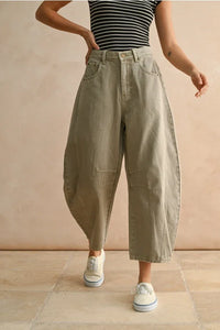 Khaki wide-leg cropped barrel cotton pants with patched knees for a stylish look