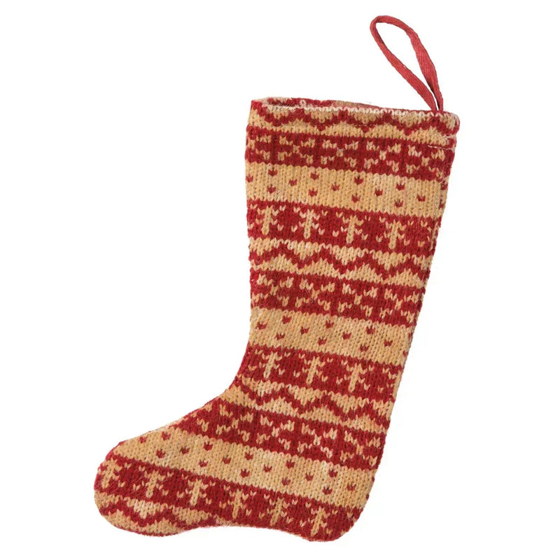 Knitted Christmas stocking with red and beige Fair Isle pattern for red mini Christmas stockings holder