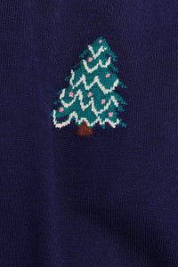 Knitted Christmas tree design on dark blue fabric for women’s boho chic clothing