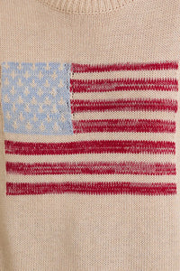 Knitted crew neck wide shoulder USA flag sweater showcasing shoulder USA flag design