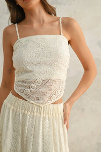 Lace camisole and skirt set featuring crochet lace fabric and fabric tube handkerchief design