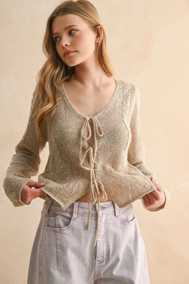 Lace-knit tie-front cardigan for women, stylish knitted cardigan fashion piece
