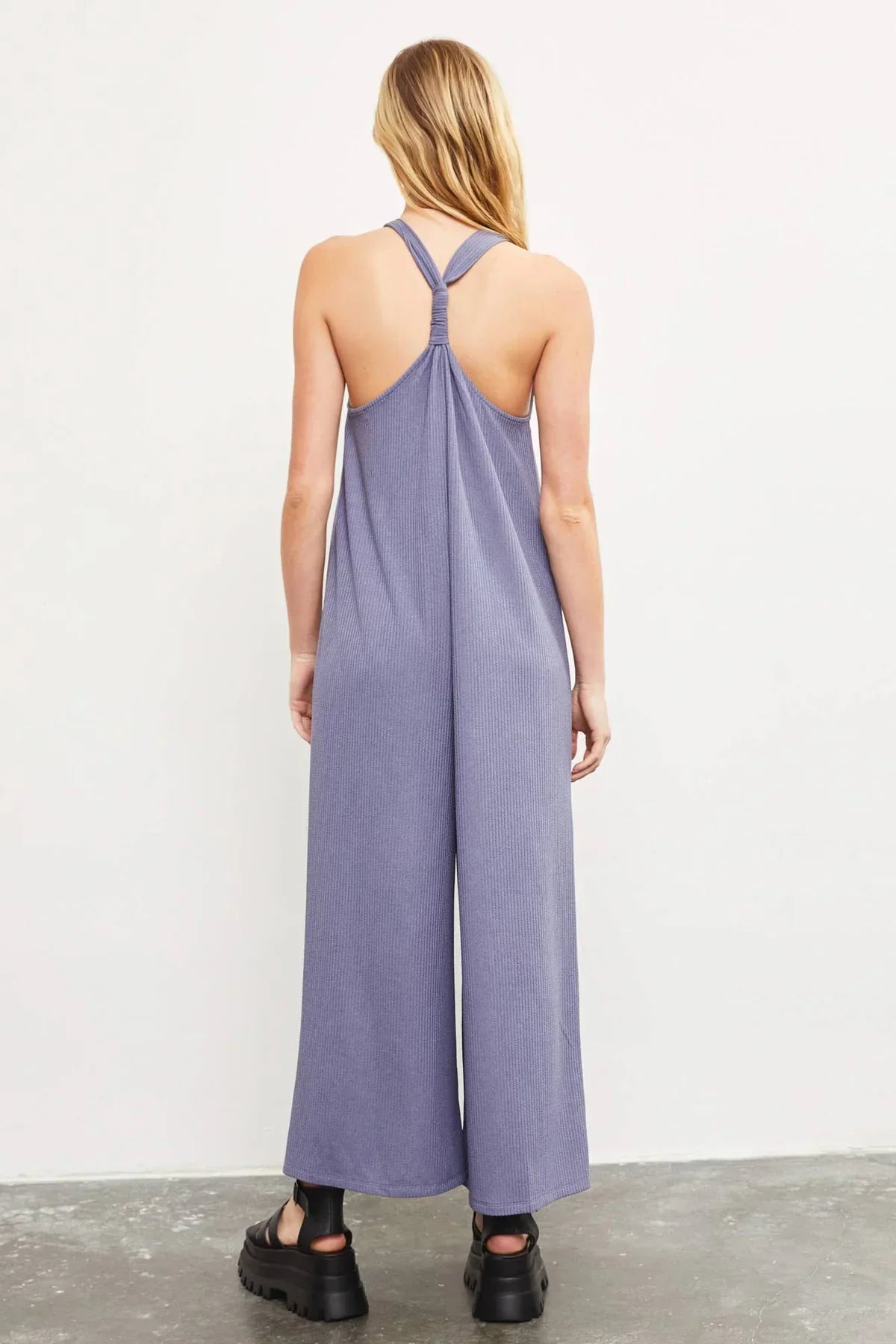 Lavender sleeveless jumpsuit with racerback and wide-leg pants from Shop Daisy, women’s boho chic clothing