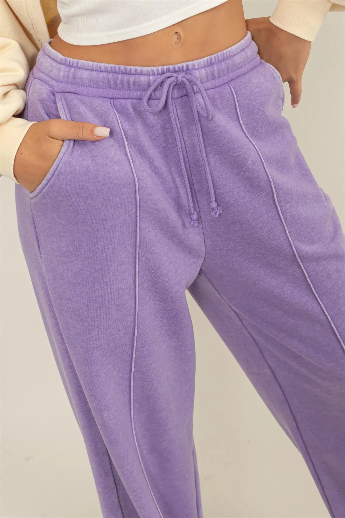 Lavender drawstring sweatpants perfect for women’s boho chic clothing from Shop Daisy