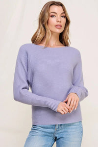 Lavender ribbed fine gauge pullover dolman with boat neckline and long sleeves