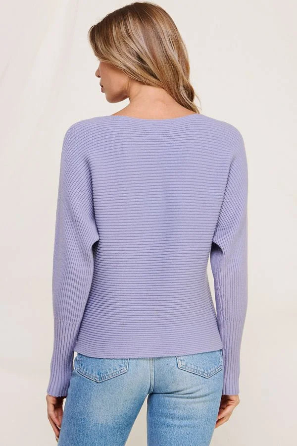 Lavender ribbed fine gauge pullover dolman sweater viewed from the back