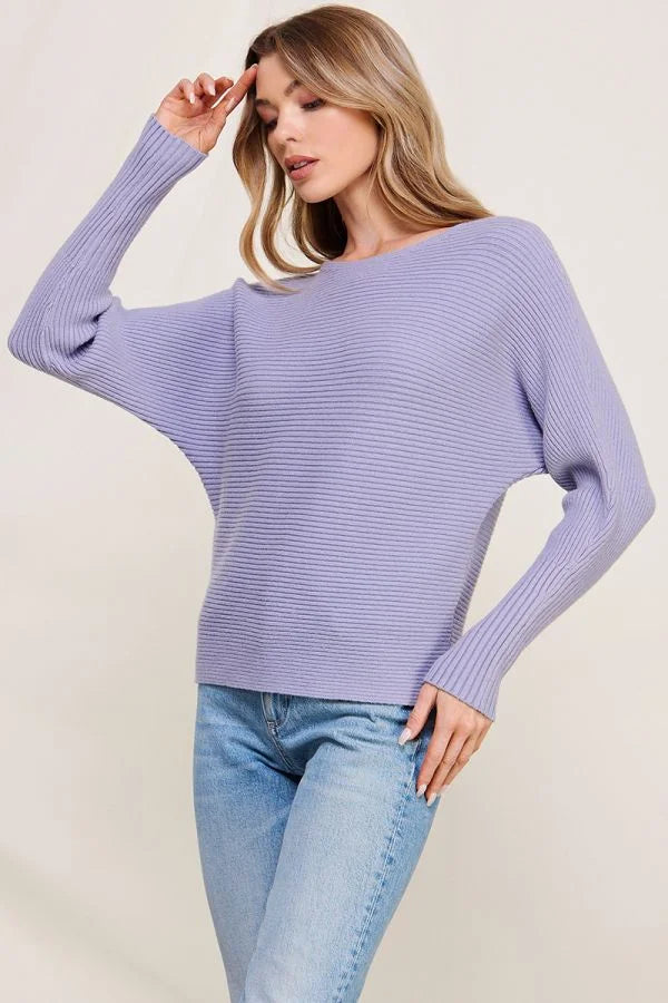 Lavender ribbed fine gauge pullover dolman with wide neckline and long sleeves