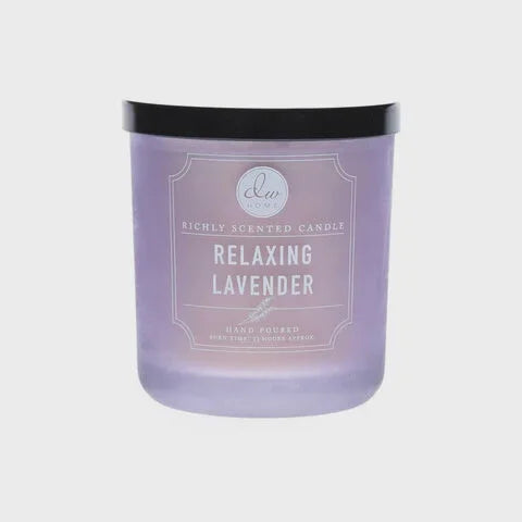 Lavender-scented candle in purple glass jar, perfect for a relaxing lavender atmosphere