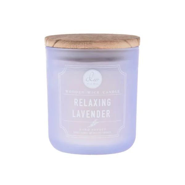 Relaxing Lavender Wooden Wick Candle with a lavender scented candle in a glass jar