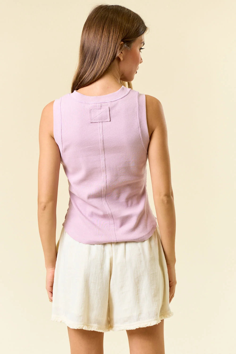 Lavender sleeveless knit top with exposed seaming from RIBBED ROUND NECK EXPOSED SEAMING TANK in size small, women’s boho chic clothing