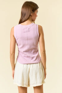 Lavender sleeveless knit top with exposed seaming from RIBBED ROUND NECK EXPOSED SEAMING TANK in size small, women’s boho chic clothing