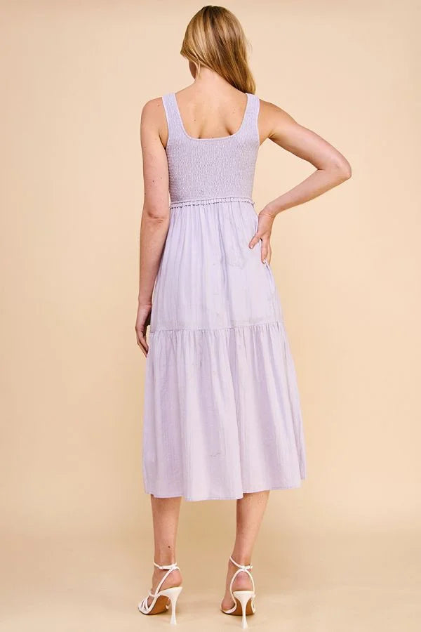 Lavender Smocked Tank Babydoll Tiered Midi Dress with Square Neckline and Tiered Skirt