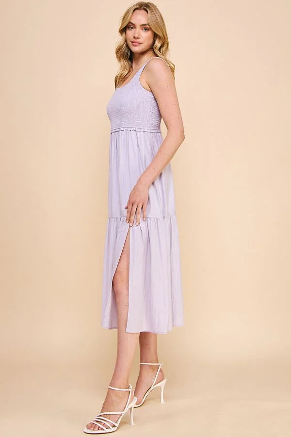 Lavender smocked tank babydoll tiered maxi dress with side slit and tiered skirt