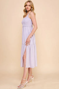 Lavender smocked tank babydoll tiered maxi dress with side slit and tiered skirt